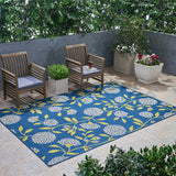 Viola Outdoor 6'7" x 9'2" Floral Area Rug, Blue and Green Noble House