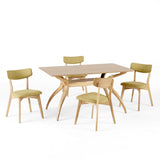 Nissie Mid Century Natural Oak Finished 5 Piece Wood Dining Set with Green Tea Fabric Chairs