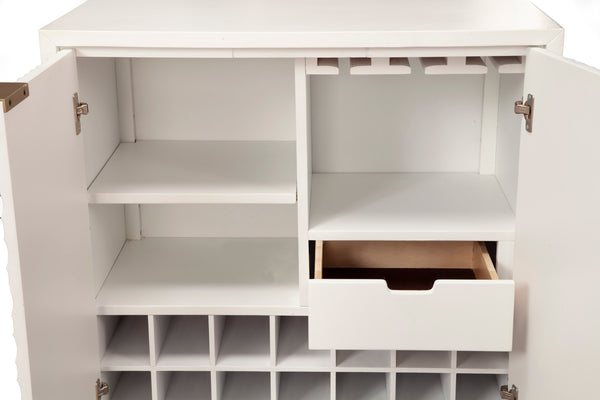 White Pearl Bar Cabinet – Contemporary Mahogany Design with Gold Accents & Ample Storage for Entertaining