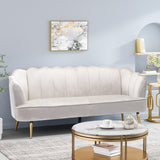 Reitz Modern Glam Velvet Channel Stitch 3 Seater Shell Sofa, Beige and Gold   Noble House