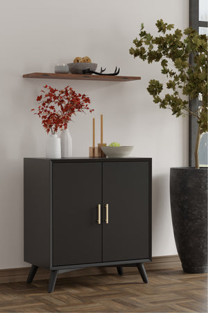 Alpine Furniture Flynn Small Bar Cabinet, Black 966BLK-17 Black Mahogany Solids & Veneer 32 x 19 x 36