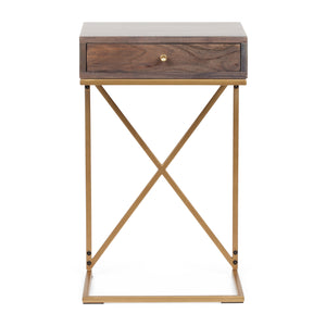 Bucyrus Rustic Glam Handcrafted Acacia Wood C-Shaped Side Table, Dark Brown and Gold Noble House