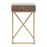 Bucyrus Rustic Glam Handcrafted Acacia Wood C-Shaped Side Table, Dark Brown and Gold Noble House