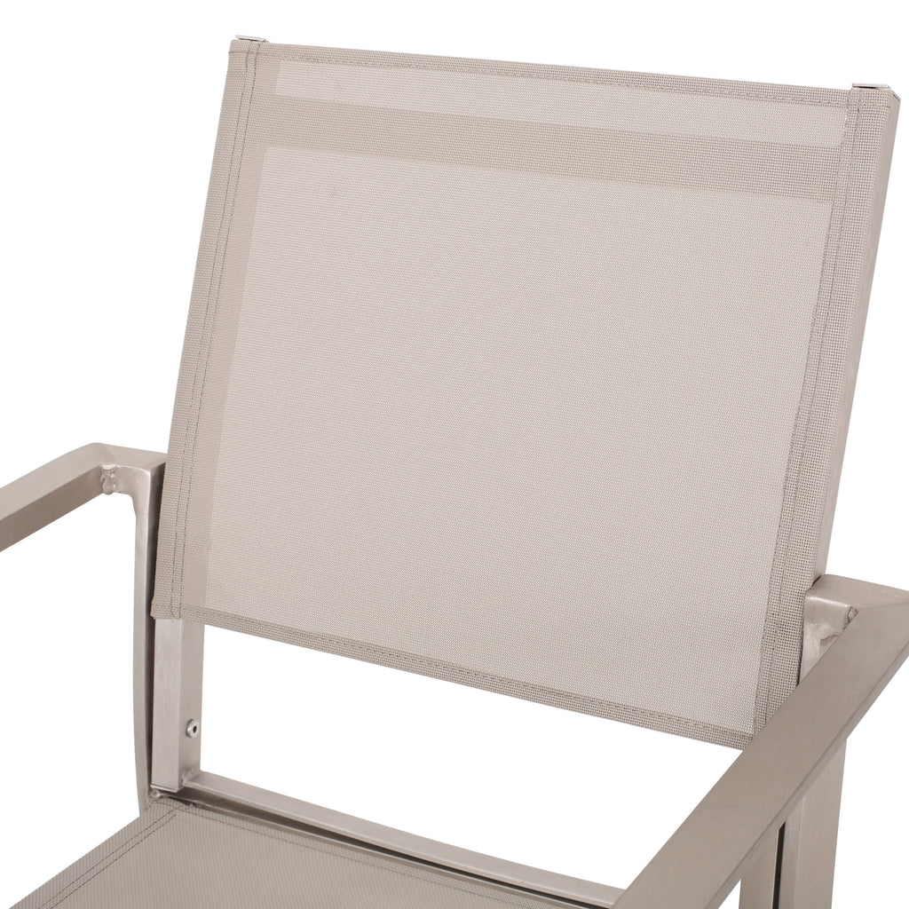 Cape Coral Outdoor Modern Aluminum Dining Chair with Mesh Seat, Silver and Taupe Noble House