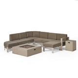 Cape Coral Half Round 5 Seater Sectional Set with Fire Pit and Tank Holder, Khaki, Silver, and Light Gray Noble House