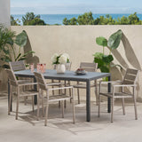 Noble House Cape Coral Outdoor Modern 6 Seater Aluminum Dining Set with Tempered Glass Table Top, Gun Metal Gray, Gray, and Silver