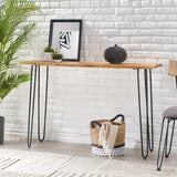 Noble House Plumb Handcrafted Modern Industrial Acacia Wood Console Table with Hairpin Legs, Natural and Black