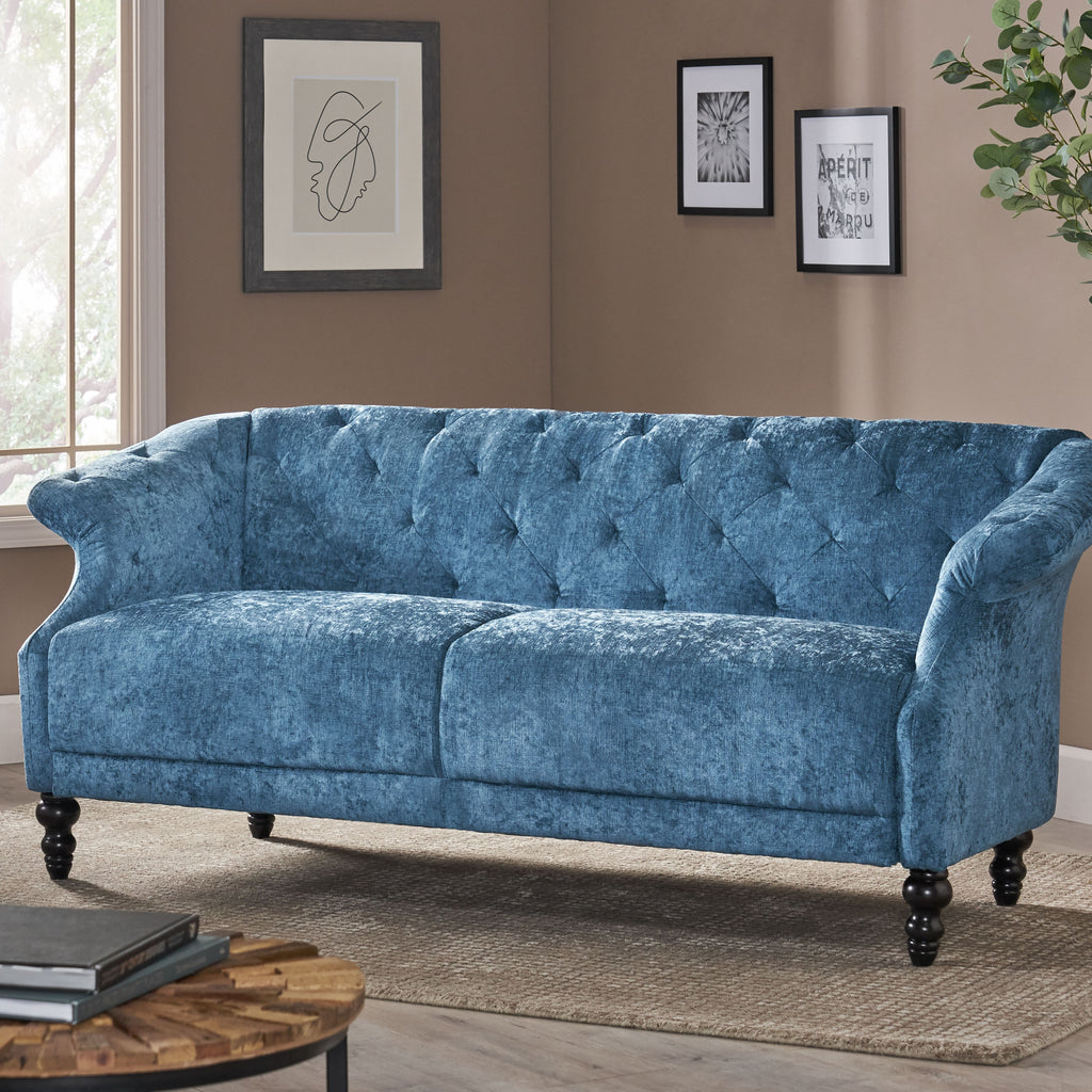 Noble House Morganton Contemporary Tufted 3 Seater Sofa, Navy Blue and Dark Brown