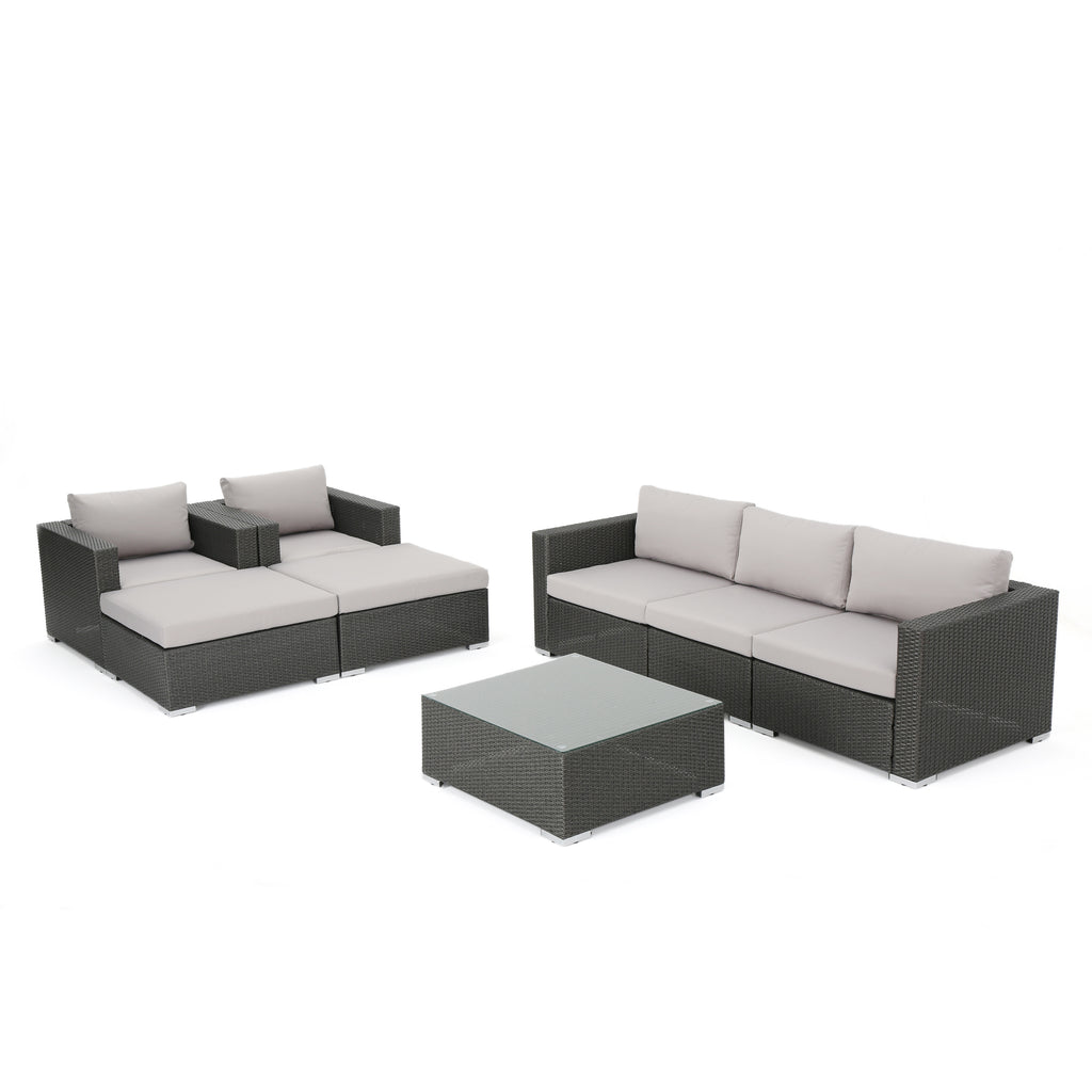 Santa Rosa Outdoor 5 Seater Grey Wicker Chat Set with Aluminum Frame and Silver Water Resistant Cushions Noble House