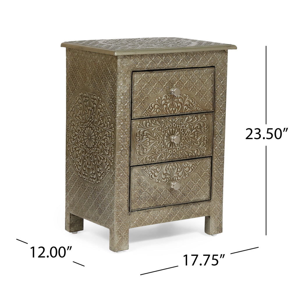 Noble House Deschutes Handcrafted Boho 3 Drawer Nightstand, Silver