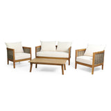 Burchett Outdoor Acacia Wood 4 Seater Chat Set with Cushions, Teak, Mixed Brown, and Beige