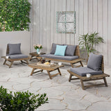 Noble House Sedona Outdoor Acacia Wood 4 Seater Chat Set with Side Table and Coffee Table, Gray and Dark Gray