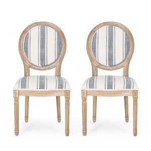 Phinnaeus French Country Fabric Dining Chairs, Dark Blue Stripes and Light Beige Noble House