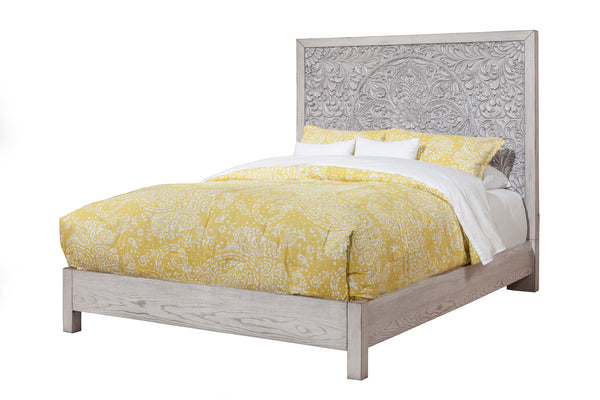 Aria Queen Panel Bed in Weathered White - Handcrafted Mahogany with Floral Carving Design & Style