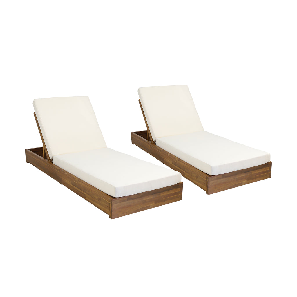 Noble House Ian Outdoor Acacia Wood Chaise Lounge with Cushion (Set of 2), Teak and Cream