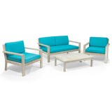 Santa Ana Outdoor 4 Seater Acacia  Wood Chat Set with Cushions, Wire Brushed Light Gray and Teal Noble House