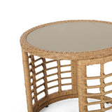 Noble House Tatiana Outdoor Modern Boho Wicker Side Table with Tempered Glass Top, Light Brown