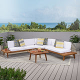 Hillcrest Outdoor V Shaped 4 Piece Sandblast Finished Acacia Wood Sectional Sofa Set with White Water Resistant Cushions Noble House