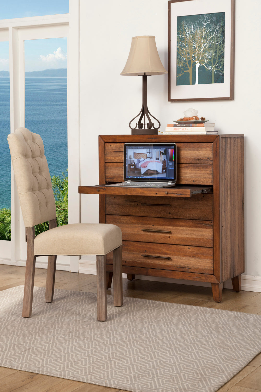 Trinidad 5 Drawer Multifunction Chest - Elegant Mahogany Storage with Pull-Out Desk & Dovetail Drawers