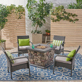 Cordoba Patio Fire Pit Set, 4-Seater with Club Chairs, Wicker with Outdoor Cushions, Gray, Light Gray, Stone Finish Noble House