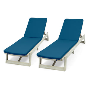 Maki Outdoor Acacia Wood Chaise Lounge and Cushion Sets, Light Gray and Blue Noble House