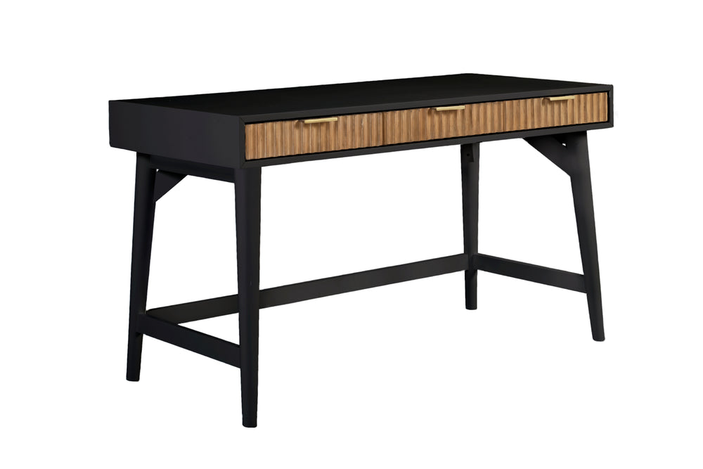 Larsen Large Black Desk with Mahogany Wood, Gold Hardware & Felt Lined Drawers for Stylish Storage
