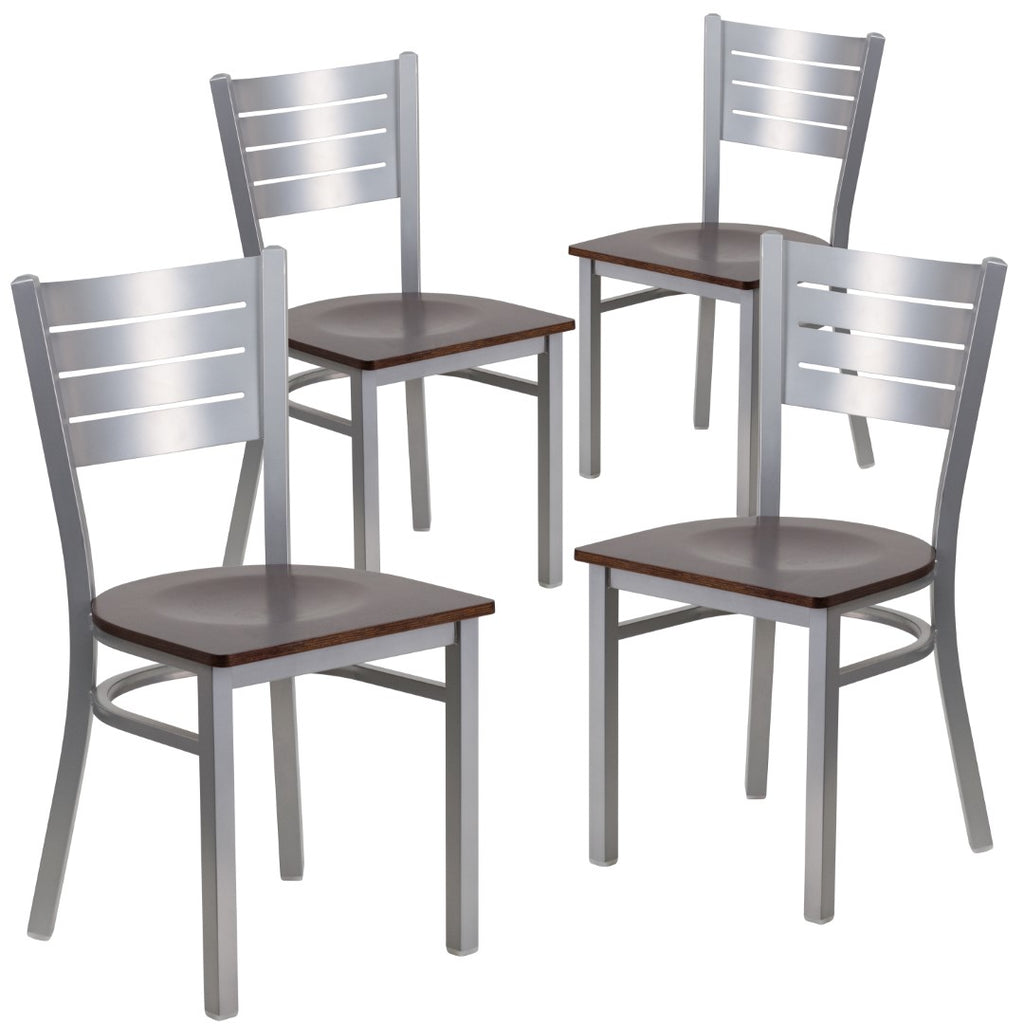 English Elm EE1203 Traditional Commercial Grade Metal Restaurant Chair Walnut Wood Seat/Silver Frame EEV-11280