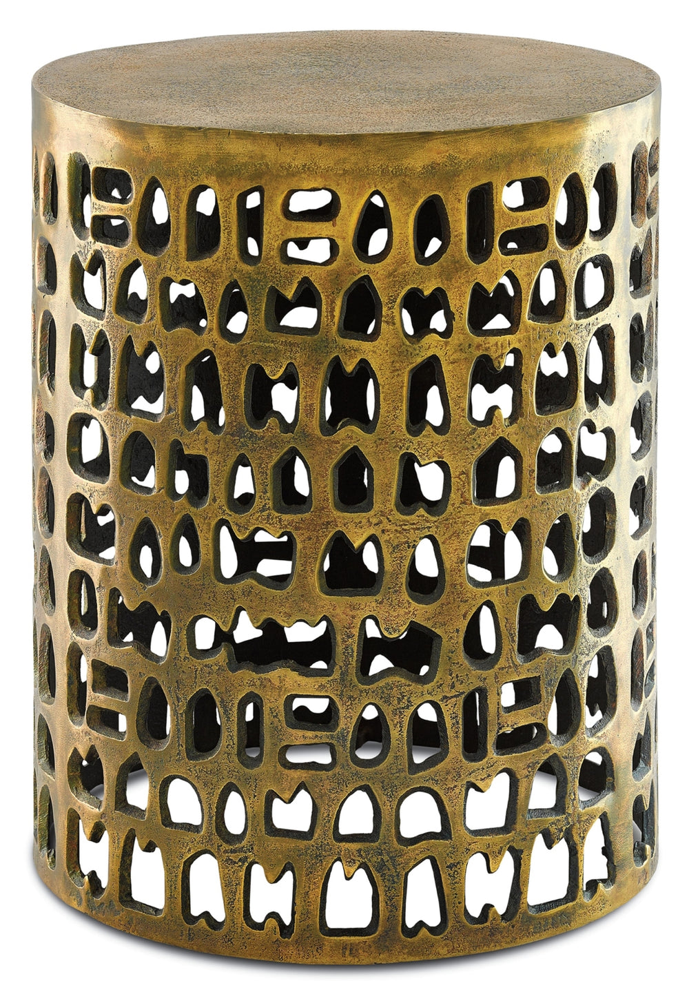 Alvar Accent Table - Antique Gold Drum Design with Organic Cutouts for Modern Tribal Elegance