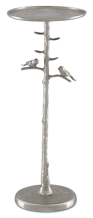 Piaf Silver Drinks Table - Polished Nickel Accent Table with Whimsical Bird Design for Elegance