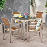 Noble House Cape Coral Outdoor Modern Aluminum 4 Seater Dining Set with Faux Wood Seats, Gray, Natural, and Silver