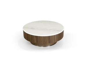 VIG Furniture Nova Domus Hilton- Modern Walnut and White Marble Round Coffee Table VGHB-400E-W