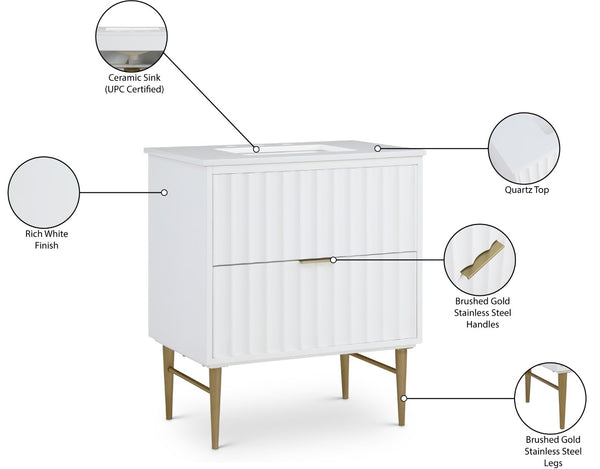 Modernist Quartz / Solid Wood / MDF / Stainless Steel Contemporary White Bathroom Vanity - 30" W x 20" D x 35" H