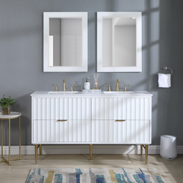 Modernist Quartz / Solid Wood / MDF / Stainless Steel Contemporary White Bathroom Vanity - 60" W x 20" D x 35" H