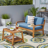 Grenada Loveseat and Coffee Table Set for Patio, Acacia Wood, Teak Finish with Blue Outdoor Cushions Noble House