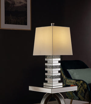 Noralie Glam/Modern Table Lamp Mirrored Base • Faux Diamonds (Acrylic Inlay), 4mm Clear Glass • White Shade (Fabric/Cloth) 40242-ACME