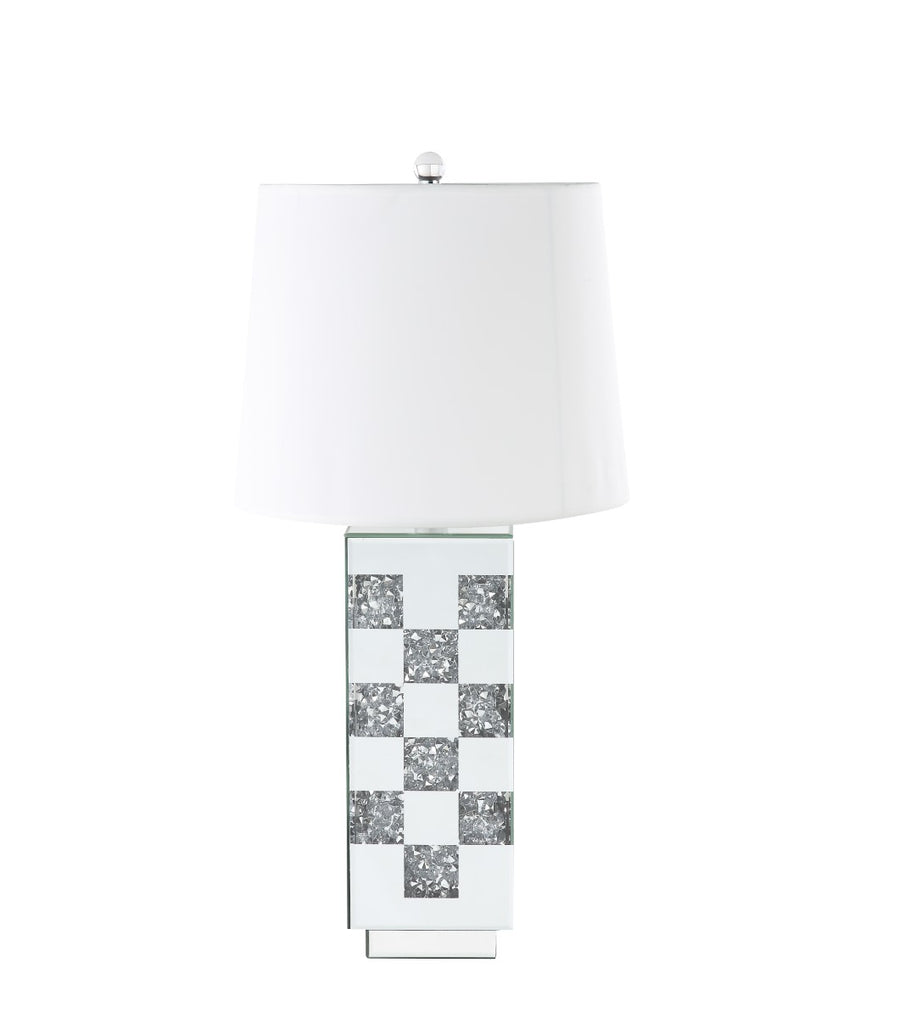 Noralie Glam/Modern Table Lamp Mirrored Base • Faux Diamonds (Acrylic Inlay), 4mm Clear Glass • White Shade (Fabric/Cloth) 40243-ACME