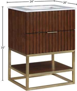 Monad Carrara Marble / Birch Veneer / MDF / Stainless Steel / Ceramic Contemporary Walnut Bathroom Vanity - 24" W x 20" D x 34.5" H