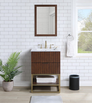 Monad Carrara Marble / Birch Veneer / MDF / Stainless Steel / Ceramic Contemporary Walnut Bathroom Vanity - 24" W x 20" D x 34.5" H
