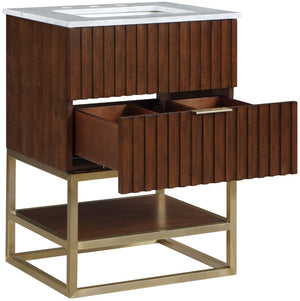 Monad Carrara Marble / Birch Veneer / MDF / Stainless Steel / Ceramic Contemporary Walnut Bathroom Vanity - 24" W x 20" D x 34.5" H