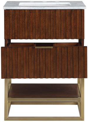 Monad Carrara Marble / Birch Veneer / MDF / Stainless Steel / Ceramic Contemporary Walnut Bathroom Vanity - 24" W x 20" D x 34.5" H