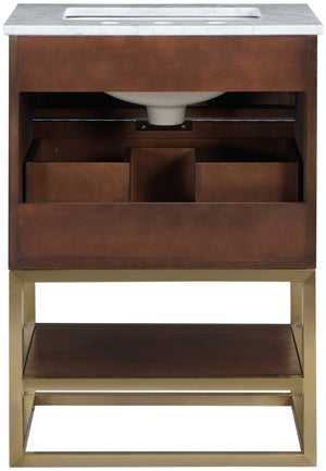 Monad Carrara Marble / Birch Veneer / MDF / Stainless Steel / Ceramic Contemporary Walnut Bathroom Vanity - 24" W x 20" D x 34.5" H