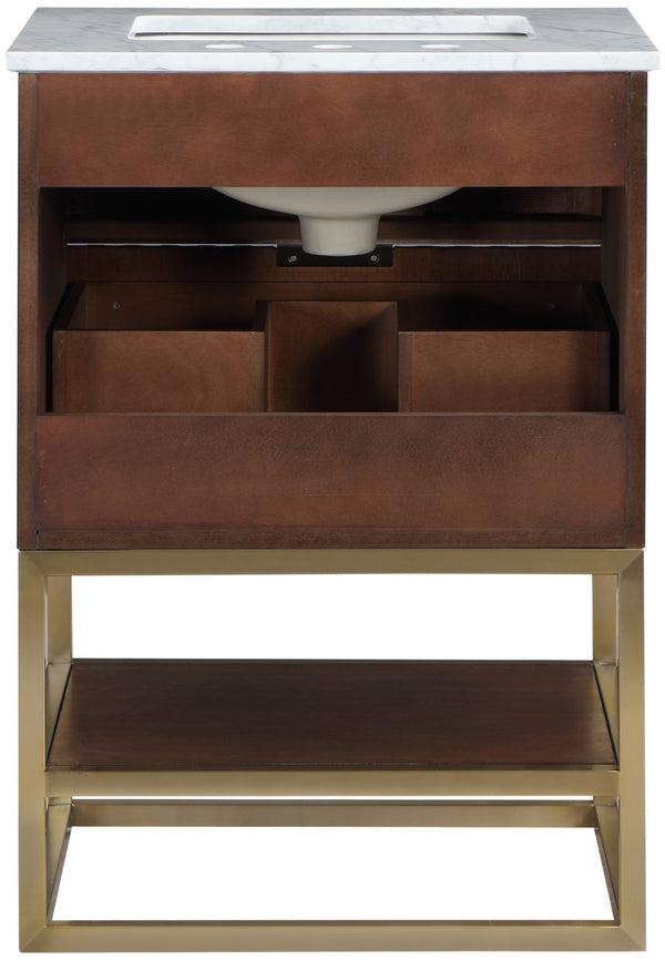 Monad Carrara Marble / Birch Veneer / MDF / Stainless Steel / Ceramic Contemporary Walnut Bathroom Vanity - 24" W x 20" D x 34.5" H