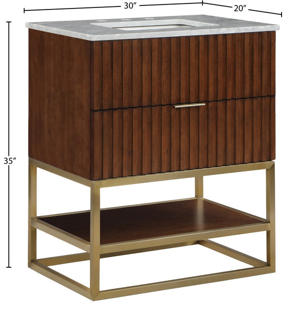 Monad Carrara Marble / Birch Veneer / MDF / Stainless Steel / Ceramic Contemporary Walnut Bathroom Vanity - 30" W x 20" D x 34.5" H