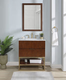 Monad Carrara Marble / Birch Veneer / MDF / Stainless Steel / Ceramic Contemporary Walnut Bathroom Vanity - 30" W x 20" D x 34.5" H