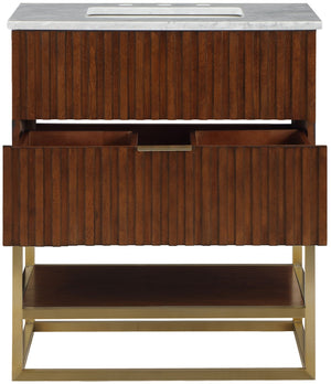 Monad Carrara Marble / Birch Veneer / MDF / Stainless Steel / Ceramic Contemporary Walnut Bathroom Vanity - 30" W x 20" D x 34.5" H