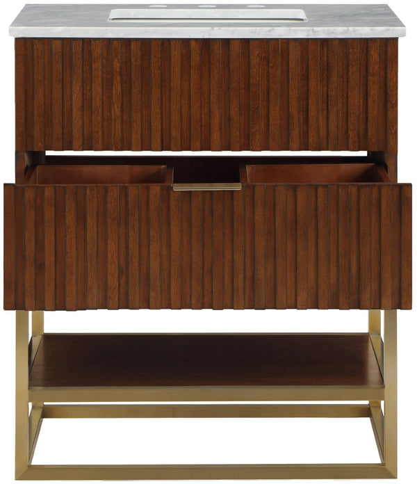 Monad Carrara Marble / Birch Veneer / MDF / Stainless Steel / Ceramic Contemporary Walnut Bathroom Vanity - 30" W x 20" D x 34.5" H