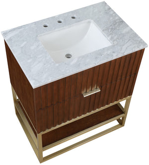 Monad Carrara Marble / Birch Veneer / MDF / Stainless Steel / Ceramic Contemporary Walnut Bathroom Vanity - 30" W x 20" D x 34.5" H