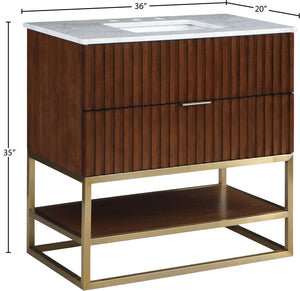 Monad Carrara Marble / Birch Veneer / MDF / Stainless Steel / Ceramic Contemporary Walnut Bathroom Vanity - 36" W x 20" D x 34.5" H