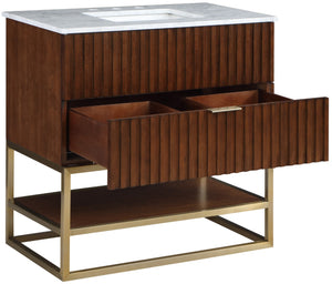 Monad Carrara Marble / Birch Veneer / MDF / Stainless Steel / Ceramic Contemporary Walnut Bathroom Vanity - 36" W x 20" D x 34.5" H