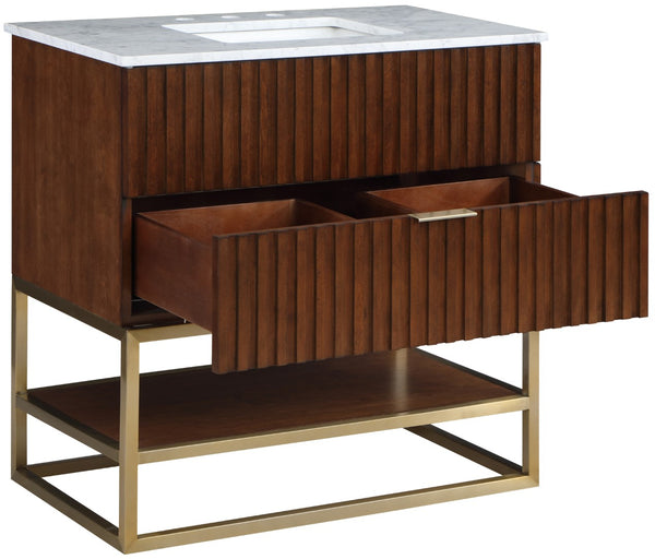 Monad Carrara Marble / Birch Veneer / MDF / Stainless Steel / Ceramic Contemporary Walnut Bathroom Vanity - 36" W x 20" D x 34.5" H